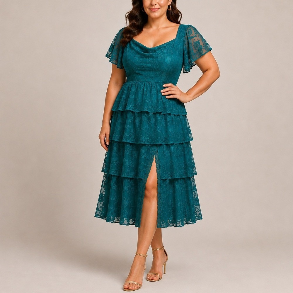 Arula Roxlany Dress 1X Hunter Green Floral Lace Tiered Smocked Maxi